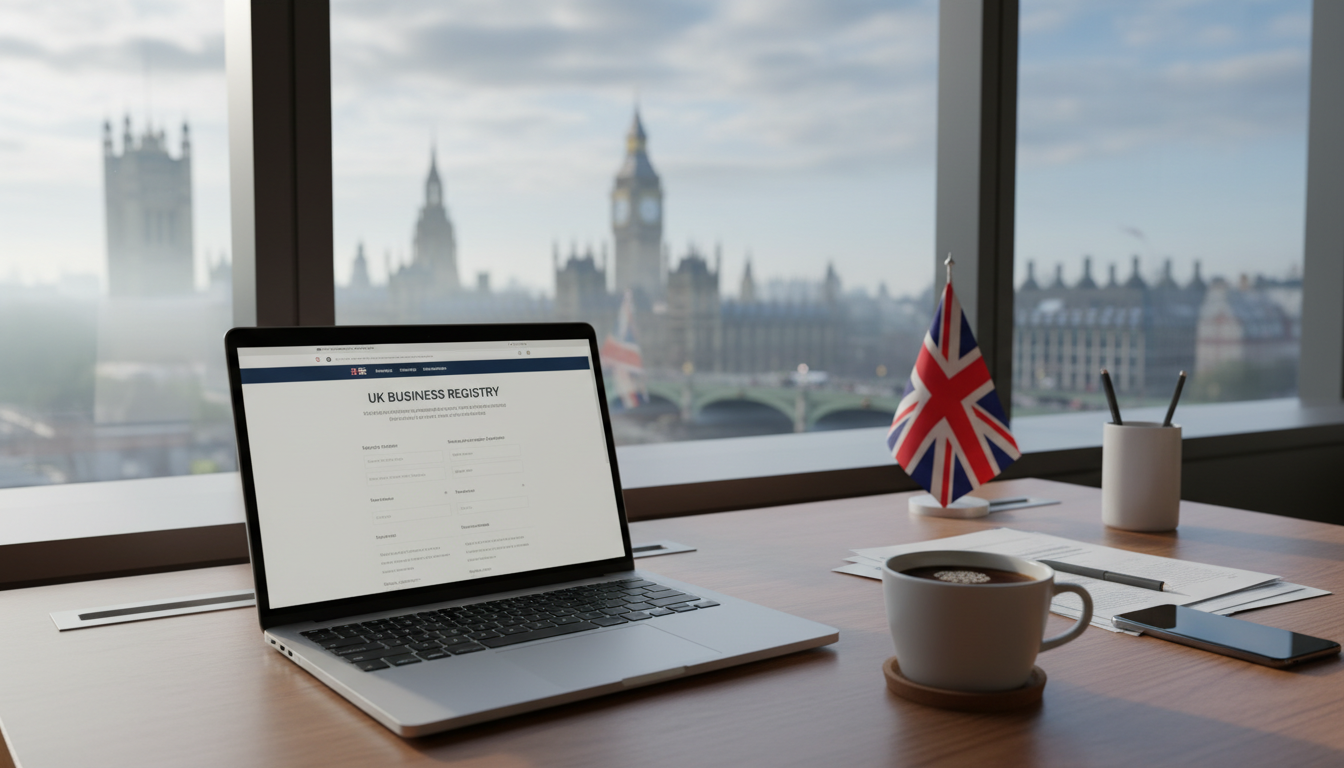 A high-quality, photorealistic shot of a modern office desk in London with a view of the Big Ben through the window. On the desk, there is a sleek laptop showing a business registration website, a cup of coffee, and a neatly folded UK flag in the background.