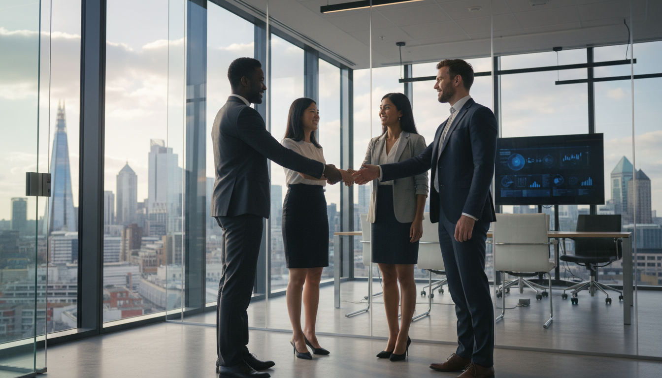 A high-quality, photorealistic shot of a diverse group of entrepreneurs shaking hands in a bright, modern glass-walled office in Canary Wharf, London, with city skyscrapers in the background.