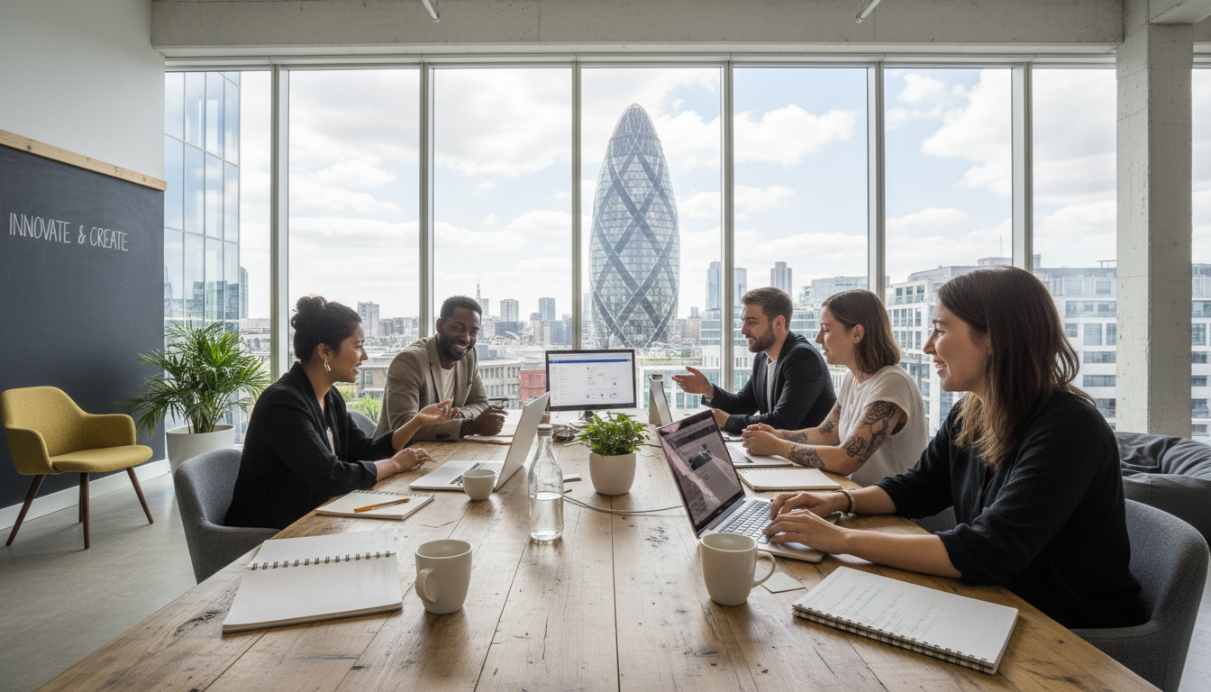 A photorealistic wide-angle shot of a diverse group of young entrepreneurs collaborating in a bright, modern co-working space in London. Huge windows show the iconic Gherkin building in the background. The atmosphere is casual, with laptops, notebooks, and cups of coffee on a rustic wooden table.