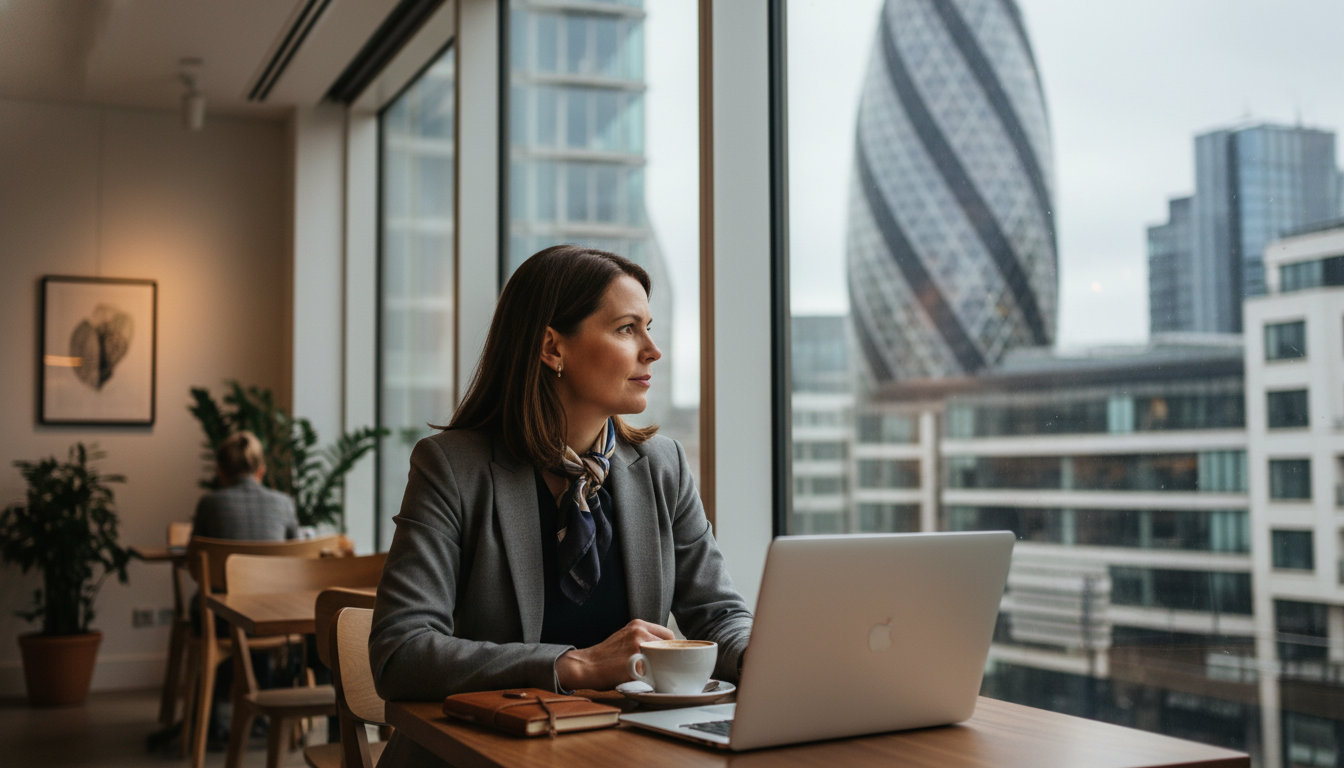 A professional entrepreneur sitting in a bright, modern London cafe with a laptop, looking out at the Gherkin building through the window, highly detailed, photorealistic style with soft cinematic lighting.