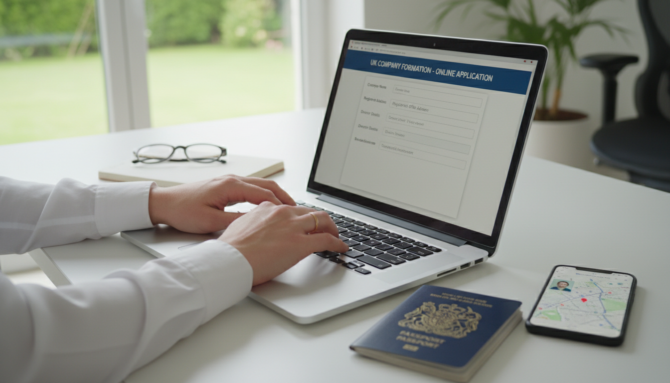 A professional and photorealistic close-up of a person's hands typing on a sleek silver laptop in a bright, modern home office. On the screen, a digital application form for UK company formation is visible. Beside the laptop sits a passport and a smartphone displaying a map of London.
