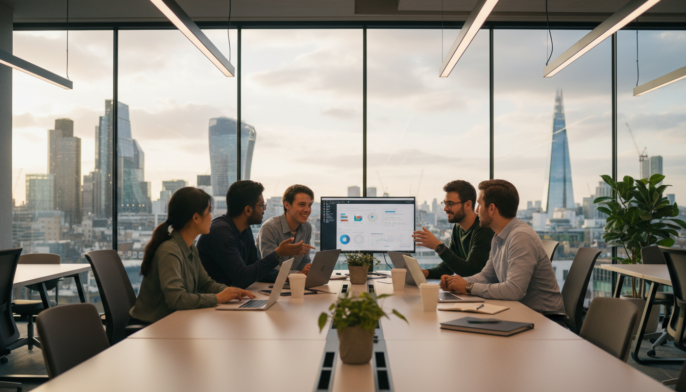 A diverse group of young professionals collaborating in a modern, glass-walled co-working space in central London, featuring sleek laptops, coffee cups, and a view of the City skyline in the background, photorealistic, cinematic lighting.