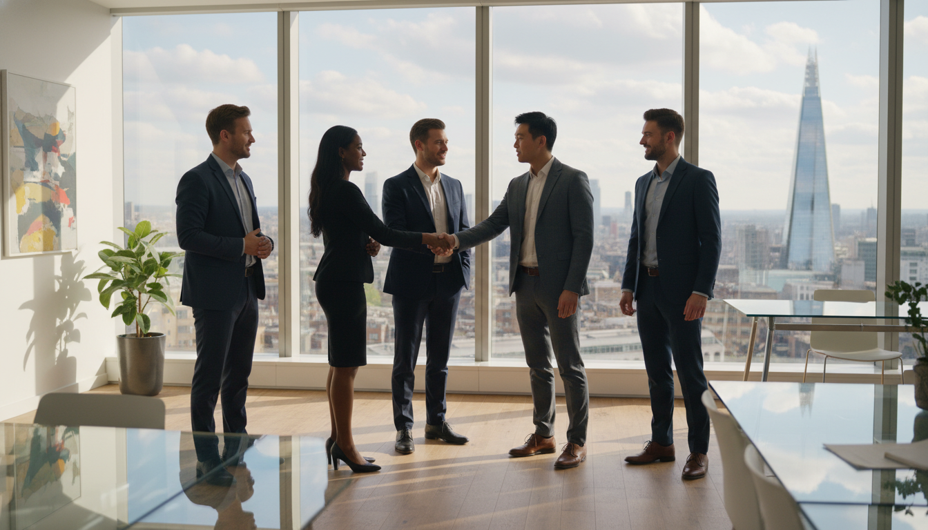 A photorealistic image of a diverse group of entrepreneurs shaking hands in a bright, modern office in London with the city skyline visible in the background, high detail, 4k
