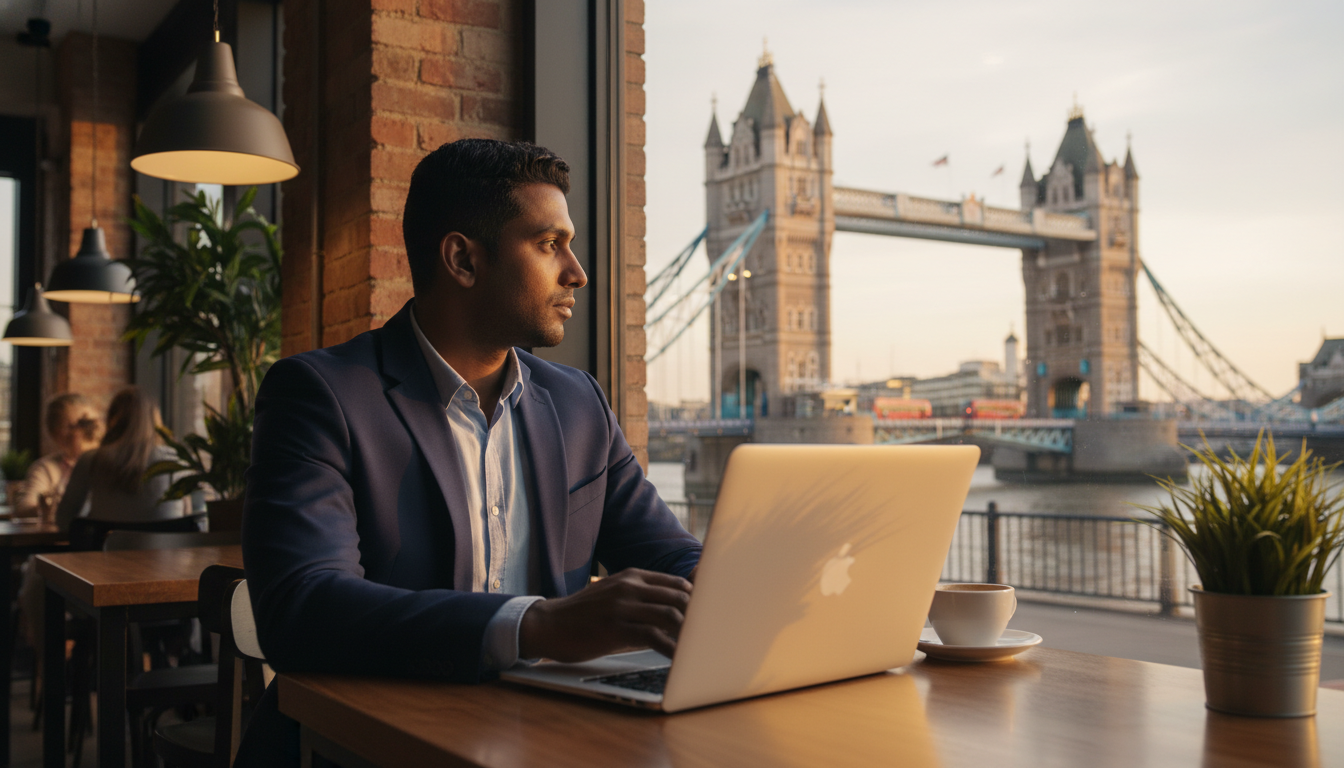A professional entrepreneur of diverse background sitting in a modern London cafe with a laptop, looking out at the Tower Bridge through a large window, high-resolution, photorealistic, cinematic lighting