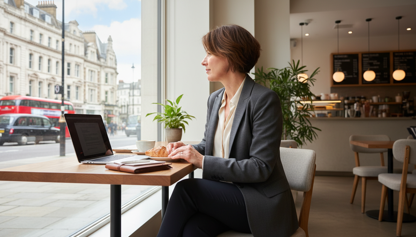 A professional expat entrepreneur sitting in a bright, modern London cafe with a laptop, looking out at the historic architecture, highly detailed, photorealistic, 8k resolution, natural lighting.